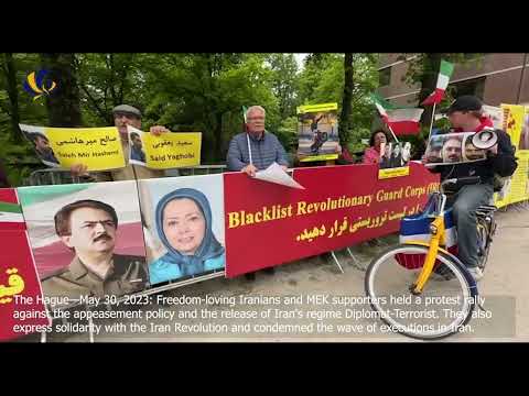 The Hague—May 30, 2023: MEK supporters held a protest rally against the appeasement policy...