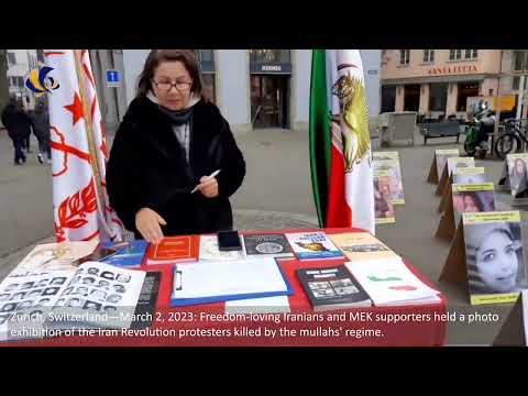 Zurich—March 2, 2023: MEK supporters held a photo exhibition of the Iran Revolution martyrs.