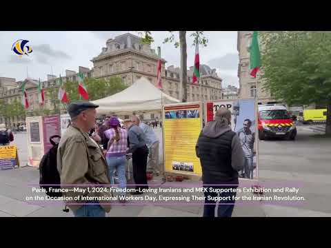 Paris—May 1, 2024: MEK Supporters Exhibition and Rally on the Occasion of International Workers Day.