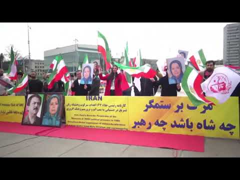 Geneva—February 26, 2024: Protest Rally by MEK Supporters Against the Presence of Iran&#039;s Regime FM.
