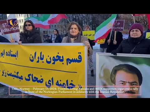 Oslo, Norway—February 17, 2024: MEK supporters rally in solidarity with the Iranian Revolution