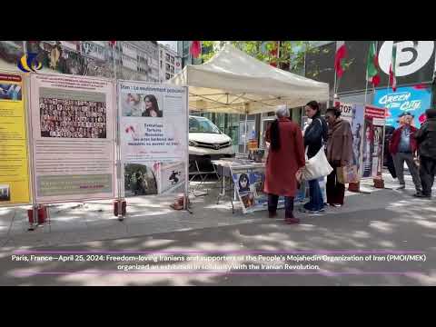 Paris, France—April 25, 2024: MEK supporters exhibition in solidarity with the Iranian Revolution.