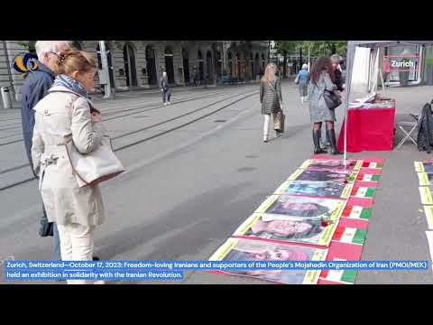 Zurich—October 17, 2023: MEK supporters held an exhibition in solidarity with the Iranian Revolution