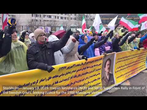 Stockholm—Jan 13, 2023: Freedom-loving Iranians &amp; MEK Supporters Rally in Front of the Swedish Court