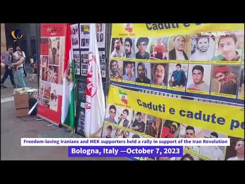 Bologna, Italy —October 7, 2023: MEK supporters held a rally in support of the Iran Revolution.