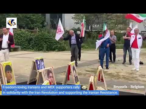 Brussels - September 2023: MEK supporters rally in support of the Iran Revolution.