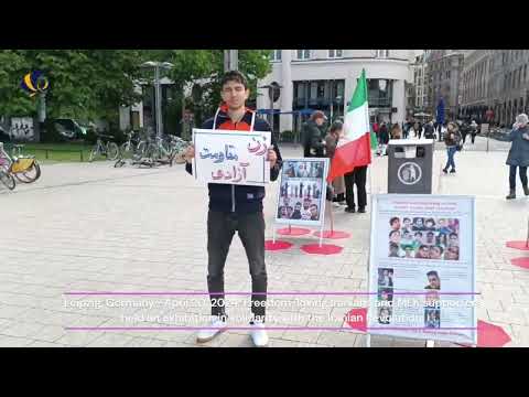 Leipzig, Germany—April 20, 2024: MEK supporters exhibition in solidarity with the Iranian Revolution