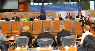 The Iranian main state run TV broadcast a report on Iranian opposition leader Maryam Rajavi addressing a conference at the European Parliament on April 9.