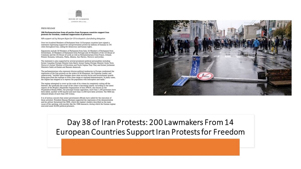 Day 38 of Iran Protests: 200 Lawmakers From 14 European Countries Support Iran Protests for Freedom