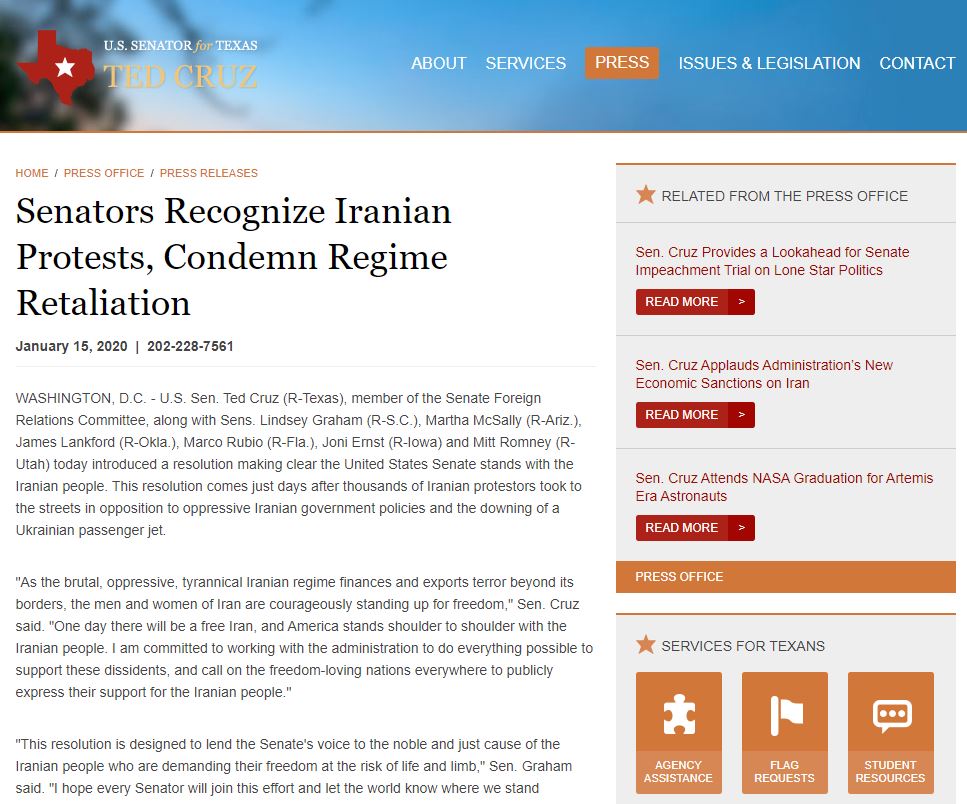 U.S. Senators express support for Iran Protests