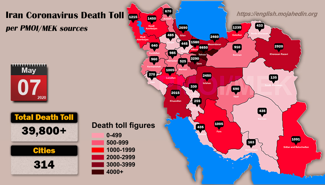 Iran: Coronavirus fatalities in 314 cities exceeds 39,800