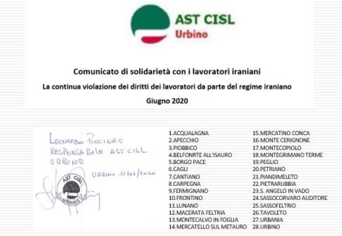 Italian Confederation of Workers' Trade Unions (CISL) Announces its Solidarity With Iran’s Workers in a Statement