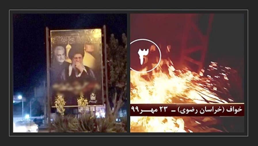Khaf (Khorasan Razavi) – Torching Khamenei and Qassem Soleimani’s billboard – October 14, 2020