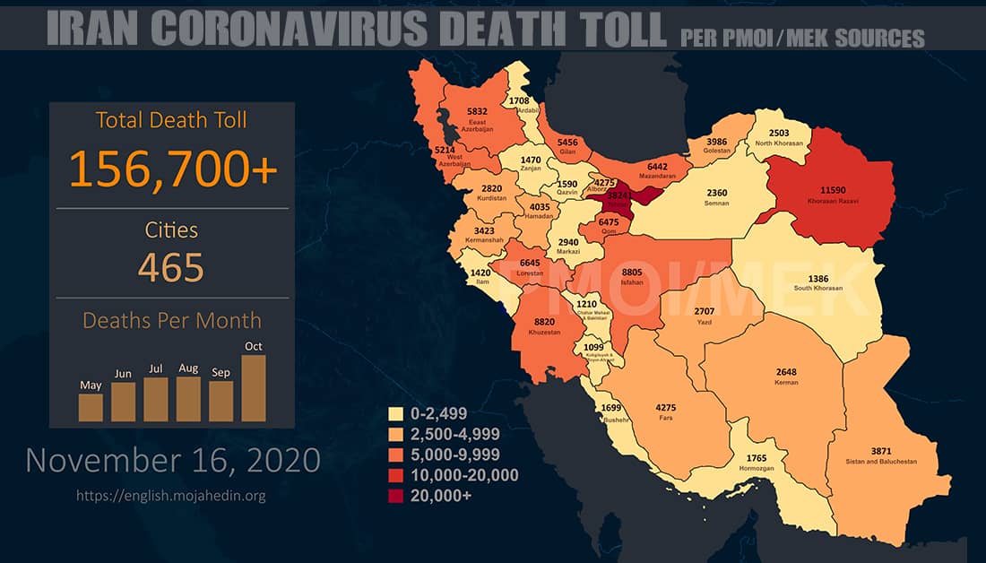 Coronavirus has taken the lives of more than 156,700 people in 465 cities across Iran