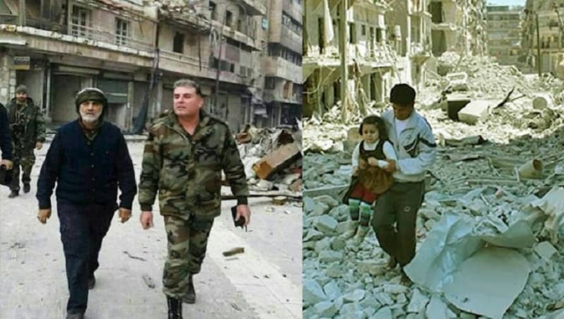Left: Qassem Soleimani, the commander of the Quds Force in Syria - Right: A city bombarded and destoyed by the Syrian regime and the Iranian regime's Quds Force