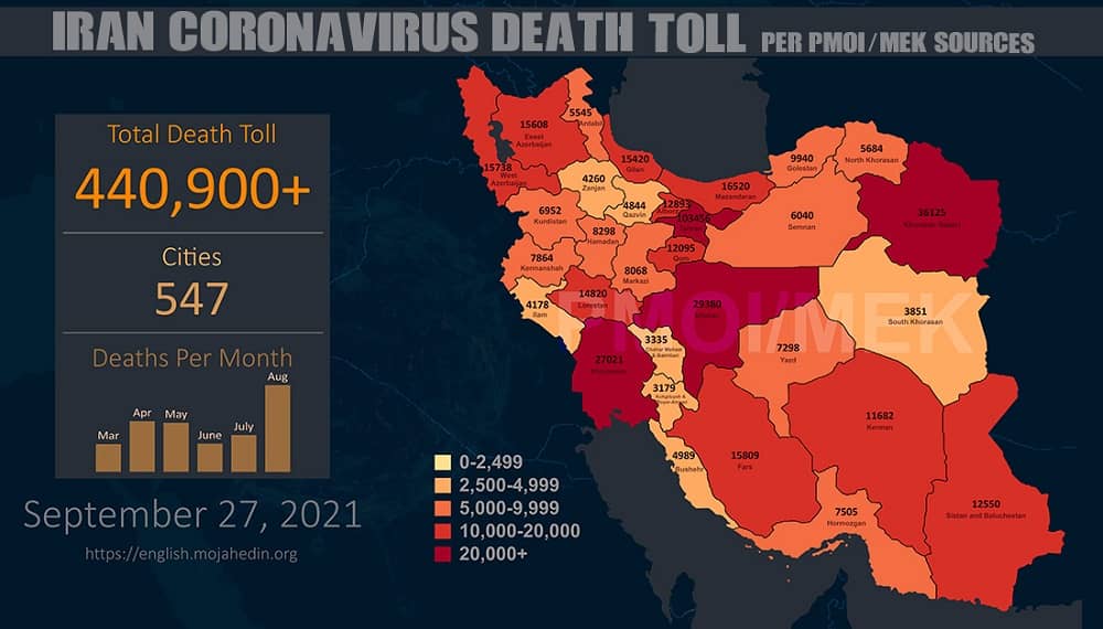 · Alireza Zali, deputy head of the National Coronavirus Combat Taskforce (NCCT) in Tehran: Unlike the last four weeks, in which we were observing a declining pattern, yesterday we saw an increase in statistics, which could be alarming. (Mehr news agency, September 27, 2021) · Ahvaz Jundishapur Medical University: We are worried about the next COVID-19 outbreak that will occur in November. (ISNA news agency, September 27, 2021) · Ardabil Medical University: Coronavirus is still dangerous, and we may see a Coronavirus surge again in the Province. · In West Azerbaijan, 1,067 people were infected with COVID-19, of whom 372 were hospitalized, and 31 died during the past 24 hours. (State Radio and TV news agency, September 27, 2021) · Isfahan Medical University: The COVID-19 statistics in the Province, not including Aran va Bidgol is 2,105 hospitalized, 356 patients are in ICU, and 29 died during the past 24 hours. (IMNA news agency, September 27, 2021)