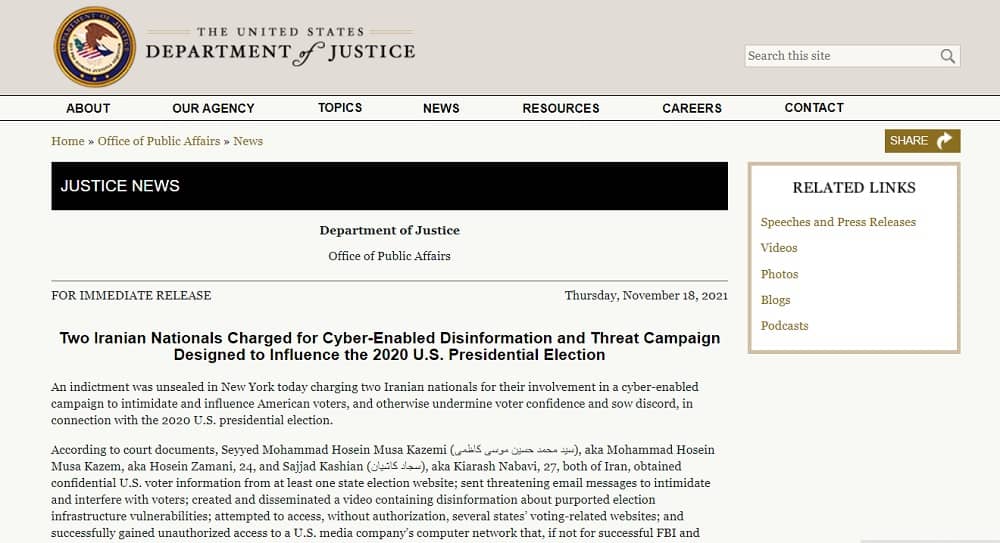 US Justice Department indicted Iranian Nationals Charged for Cyber-Enabled Disinformation