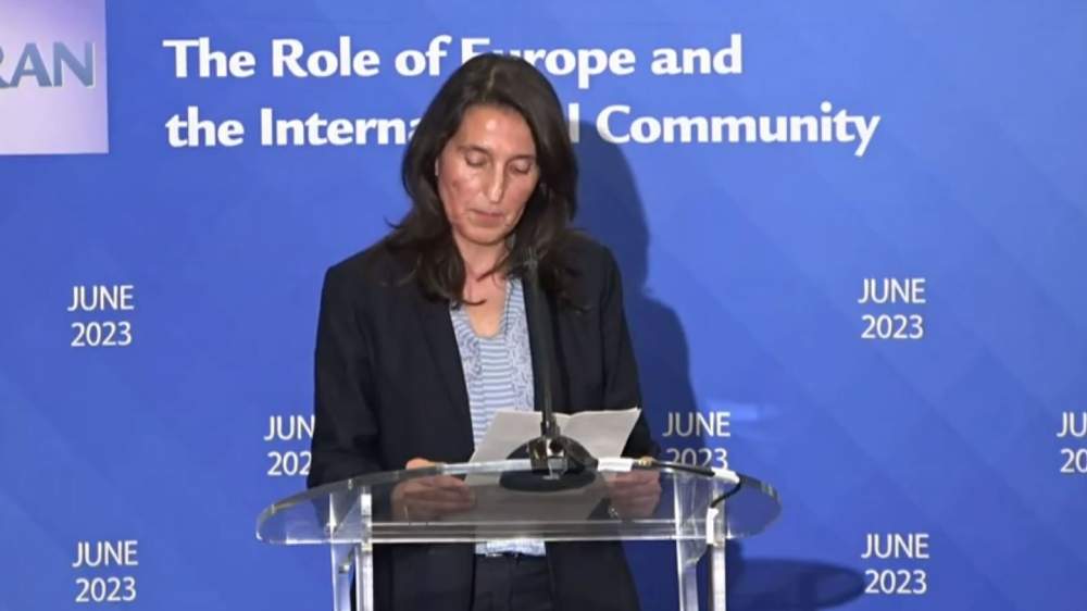Claudia Andre expressed the Assembly of the Portuguese Republic's support for a free and democratic Iran on the opening day of the Free Iran 2023 gathering; June 30, 2023