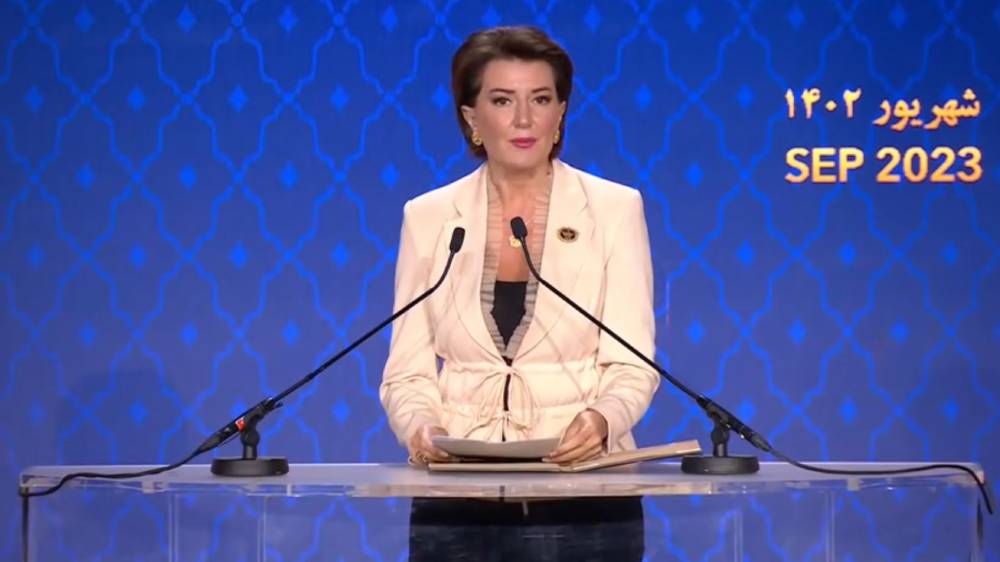 Atifete Jahjaga at the Iranian Democratic Opposition NCRI's international conference on the one-year anniversary of the nationwide uprising; September 15, 2023