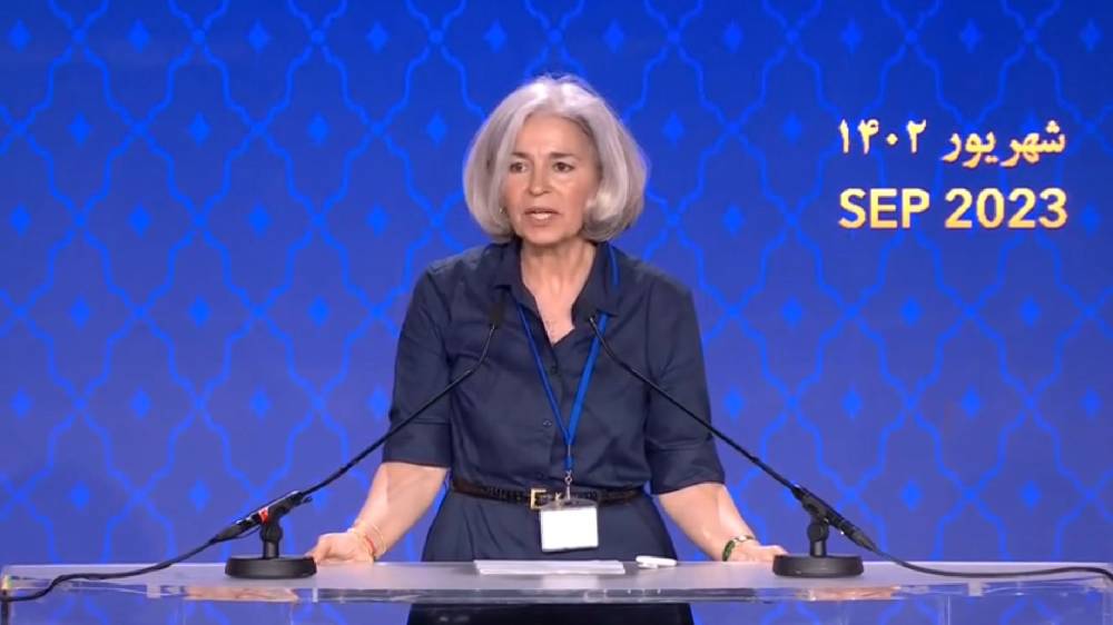 Dorien Rookmaker at the Iranian Democratic Opposition NCRI's international conference on the one-year anniversary of the nationwide uprising; September 15, 2023