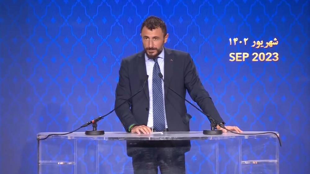 Emanuele Pozzolo at the Iranian Democratic Opposition NCRI's international conference on the one-year anniversary of the nationwide uprising; September 15, 2023