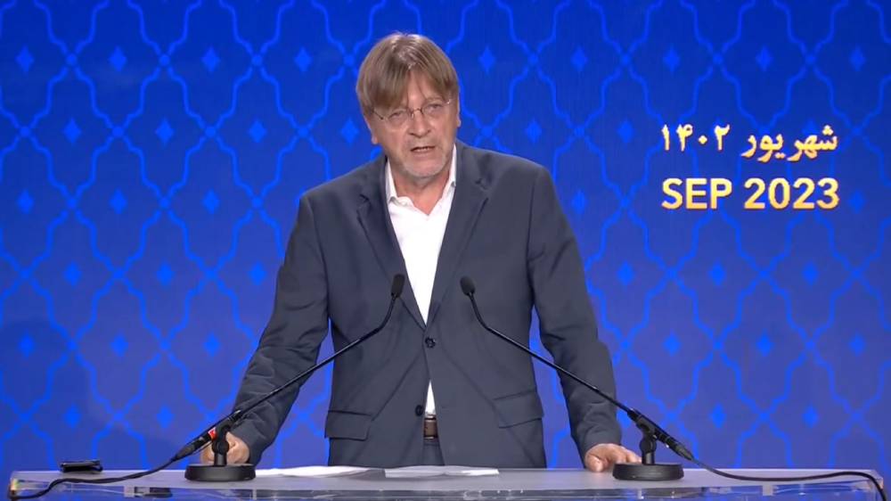 Guy Verhofstadt at the Iranian Democratic Opposition NCRI's international conference on the one-year anniversary of the nationwide uprising; September 15, 2023