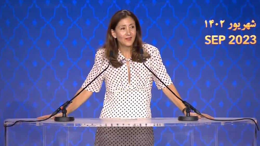 Ingrid Betancourt at the Iranian Democratic Opposition NCRI's international conference on the one-year anniversary of the nationwide uprising; September 15, 2023