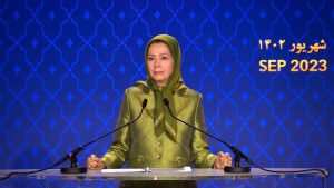 Maryam Rajavi at the Iranian Democratic Opposition NCRI's international conference on the one-year anniversary of the nationwide uprising; September 15, 2023