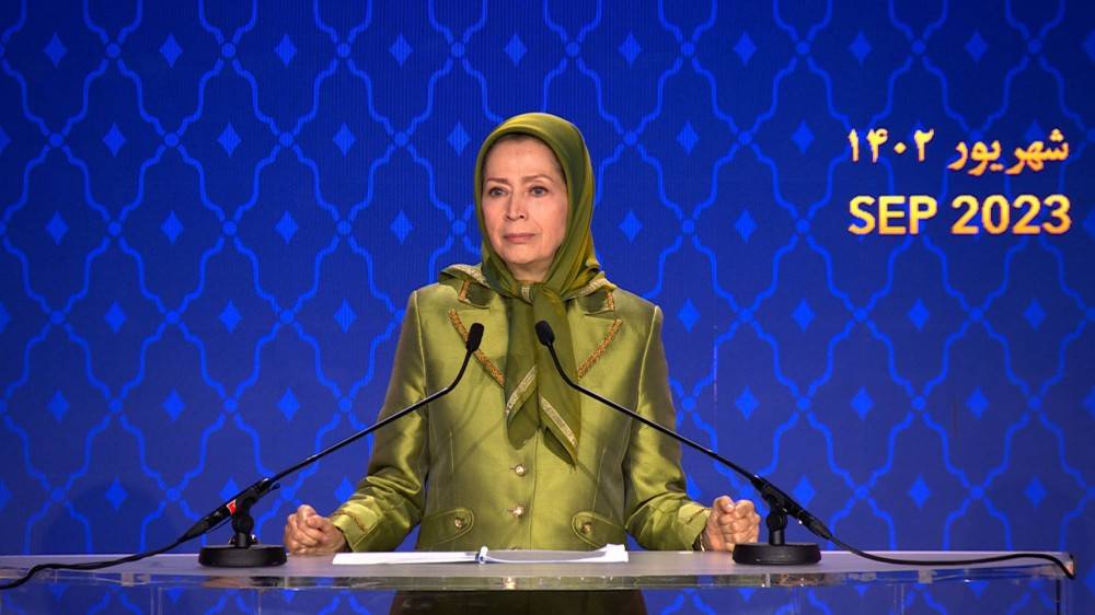 Maryam Rajavi at the Iranian Democratic Opposition NCRI's international conference on the one-year anniversary of the nationwide uprising; September 15, 2023