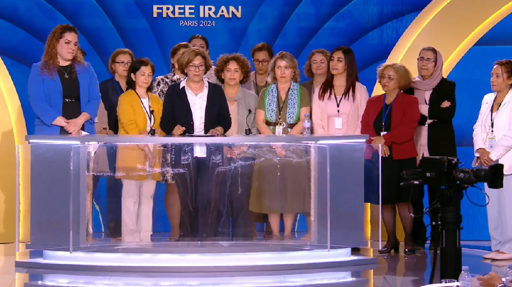 PMOI Supporter Farideh Sadeghi gave a speech in support of the Iranian people and their Organized Resistance (NCRI and PMOI) led by Mrs. Maryam Rajavi for a free, democratic, non-nuclear republic of Iran.