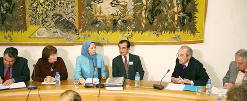 From left: Sen. Michel, Daniel Mitterrand, Maryam Rajavi, Saleh Rajavi, Robert Badinter and Sid Ahmad Ghozali