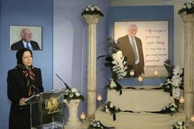 Maryam Rajavi, head of the National Council of Resistance of Iran, speaks during a memorial ceremony for Lord Russell-Johnston, a former Scottish Liberal leader, at the headquarters of the National Council of Resistance of Iran in a suburb of Paris August 4, 2008. Lord Russell-Johnston died in Paris on July 27, 2008, on the eve of his 76th birthday