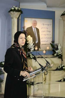 Paris (Reuters) - Maryam Rajavi, head of the National Council of Resistance of Iran, speaks during a memorial ceremony for Lord Russell-Johnston, a former Scottish Liberal leader, at the headquarters of the National Council of Resistance of Iran in a suburb of Paris August 4, 2008. Lord Russell-Johnston died in Paris on July 27, 2008, on the eve of his 76th birthday