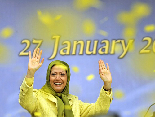 AFP: The president of the opposition National Council of Resistance of Iran (NCRI) movement, Maryam Rajavi waves to supporters on January 27, 2009 during a rally in front of the European Union council headquarters in Brussels. The rally comes one day after the EU Foreign Ministers decided to remove People's Mujahedeen of Iran (PMOI) from the EU terrorist list. The European Union on Monday removed PMOI, from its blacklist, bringing an end to a long legal battle, but more action against it is not ruled out. 