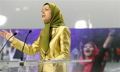 Maryam Rajavi, the leader of the National Council of Resistance of Iran, delivers a speech at a rally in Villepinte, a northern suburb of Paris, Saturday, June 20, 2009. Rajavi, spoke Saturday to huge cheers, hailing the importance of resisting Iran's leadership. 