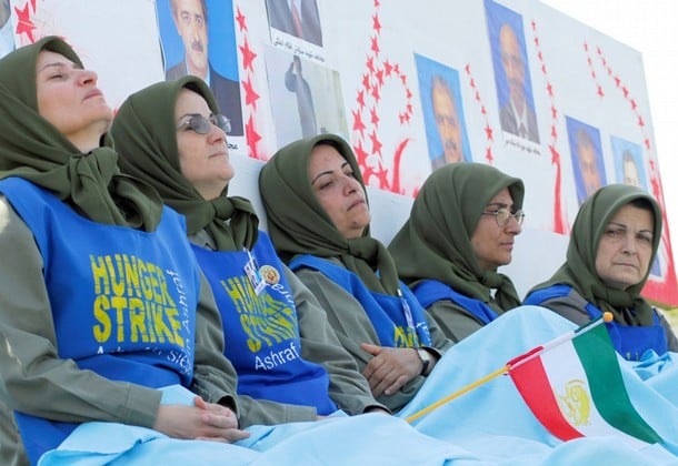 Women from Camp Ashraf go on a hunger strike during a protest against Iraqi forces in Camp Ashraf, north of Baghdad August 24, 2009. They will be on the hunger strike until the Iraqi government agree to their demands, which are, releasing 36 prisoners captured by Iraqi forces, the withdrawal of Iraqi forces and the addition of U.S. forces to the camp.