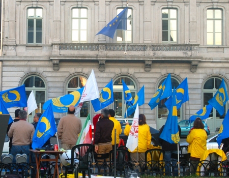 A group protests Iraqi forces' treatment of Iranian exiles at Camp Ashraf in front of the European Parliament in Brussels, Aug. 14, 2009. (Teri Schultz/GlobalPost)