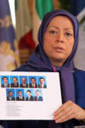 At a press conference c in Paris on August 11, 2009, Maryam Rajavi, President-elect of the Iranian Resistance shows pictures of members of the People's Mojahedin Organization of Iran (PMOI/MEk) who have been killed by the Iraqi forces during attack at the Camp Ashraf.