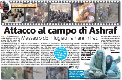 Attack on Camp Ashraf, massacre of Iranian refugee in Iraq – Report by Italian daily
