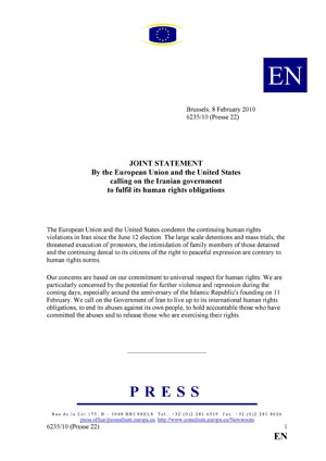 Joint statement by EU and US calling on Iranian regime to fulfill its human rights obligations
