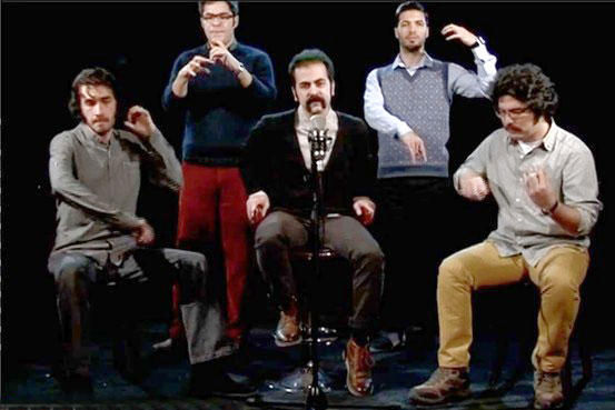 An Iranian band pretend to play their instruments on Iranian regime state television program as showing instrument were banned.
