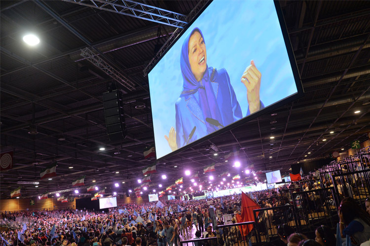 Rajavi speaks during major Iran Freedom rally in Parc des Expositions exhibition center on June 13, 2015 in Villepinte