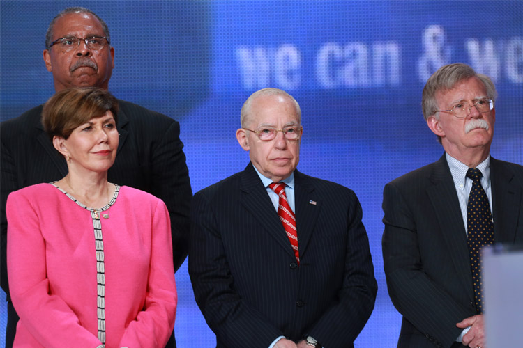 Front row, from left: Linda Chavez, former White House director of public liaison; Judge Michael Mukasey, the 81st Attorney General of the US; John Bolton, former US ambassador to the UN and under-secretary of state for arms control. Second row: Kenneth Blackwell, former Cincinnati mayor and US ambassador to the UN human rights commission
