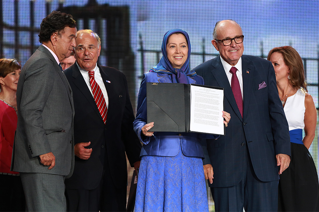 Delegation of top former US officials addresses major Iran Freedom rally in Parc des Expositions exhibition center on June 13, 2015 in Villepinte. They read out bi-partisan text signed by 38 former senior US officials supporting the democratic 10-point plan of opposition leader Maryam Rajavi for a future free Iran. They say that in order to stop nuclear proliferation in Iran and defeat Islamic fundamentalism there needs to be support for Iran’s Parliament-in-exile, the National Council of Resistance of Iran (NCRI), to bring about regime change. They also call on the Obama administration to live up to its legal obligation of protecting thousands of members of the People’s Mojahedin Organization of Iran (PMOI/MEK) in Camp Liberty, Iraq