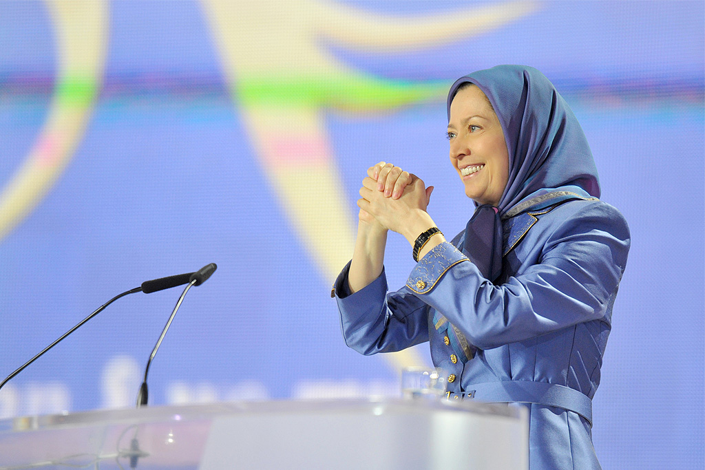 Maryam Rajavi, President-elect of the National Council of Resistance of Iran speaks during major Iran Freedom rally in Parc des Expositions exhibition center on June 13, 2015 in Villepinte