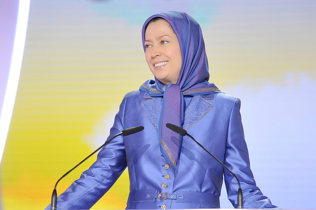 Maryam Rajavi, President-elect of the National Council of Resistance of Iran speaks during major Iran Freedom rally in Parc des Expositions exhibition center on June 13, 2015 in Villepinte