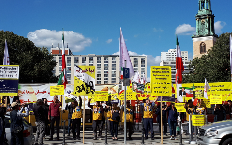 Berlin: The Iranian community based in Germany, supporters of the People's Mojahedin Organization of Iran (PMOI, Mujahedin-e Khalq or MEK), on Friday, September 7, 2019, held a protest to denounce the presence of the Mayor of Tehran Pirouz Hanachi in Berlin.