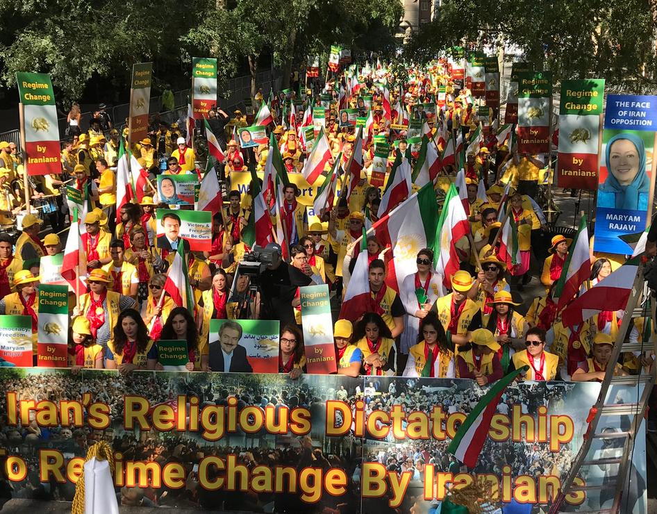 For the second day in a row, very large demonstration of MEK supporters in New York, simultaneous to Hassan Rouhani's speech at the UNGA- Demonstrators chant "No to Rouhani", and "Regime Change in Iran"-September 25, 2019
