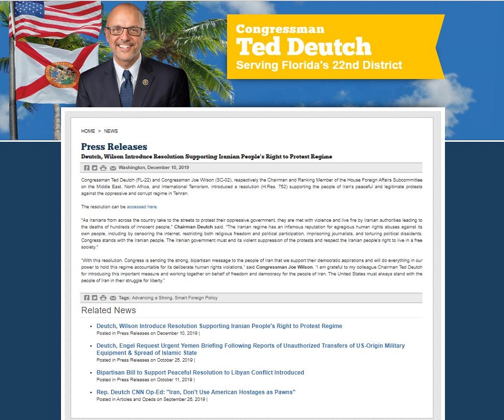 Statement by Rep. Ted Deutch on New U.S. House Resolution on the Iran Protests 